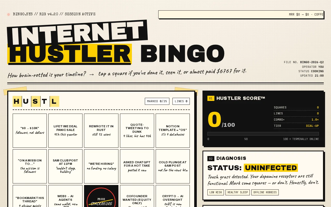 Hustler Bingo – a tiny bingo game about startup Twitter clichés