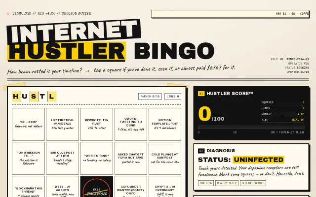 Hustler Bingo – a tiny bingo game about startup Twitter clichés