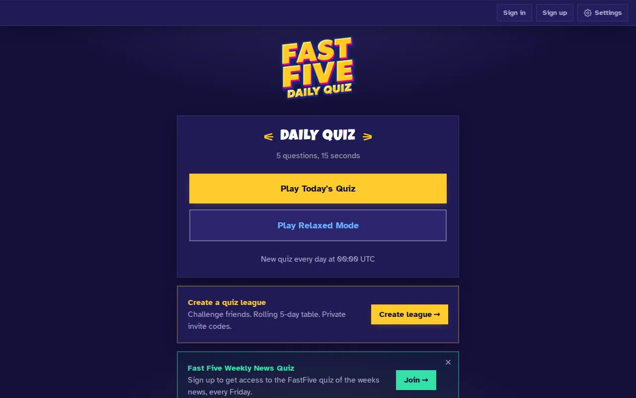 Fast Five Quiz – a daily quiz (5 Qs, no signup)