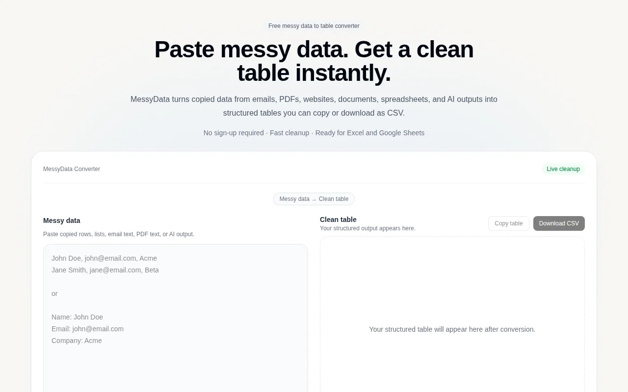 MessyData – turn messy data into clean tables/CSV