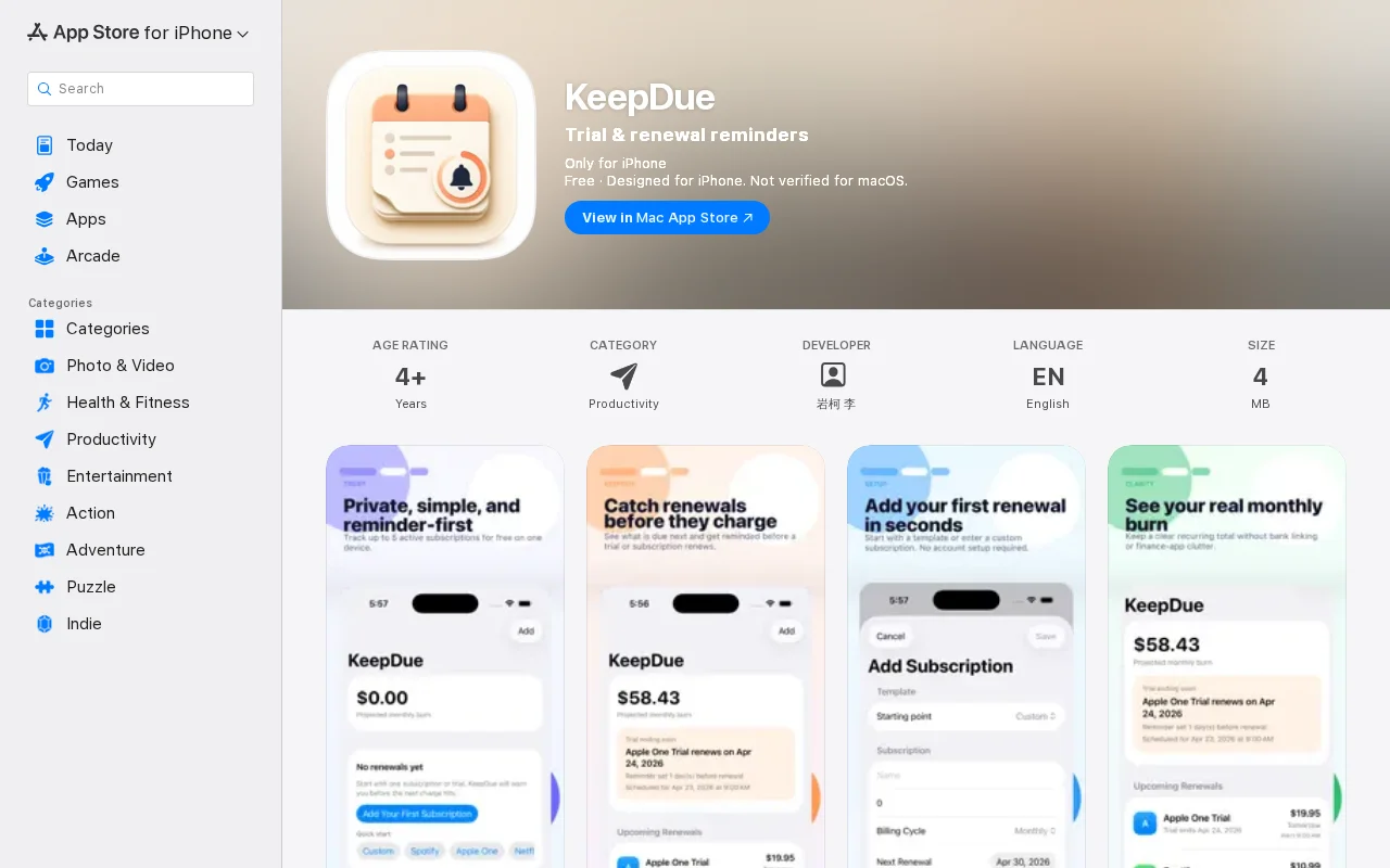 KeepDue – private iPhone reminders for free trials and renewals