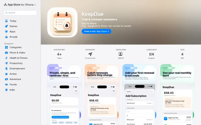 KeepDue – private iPhone reminders for free trials and renewals
