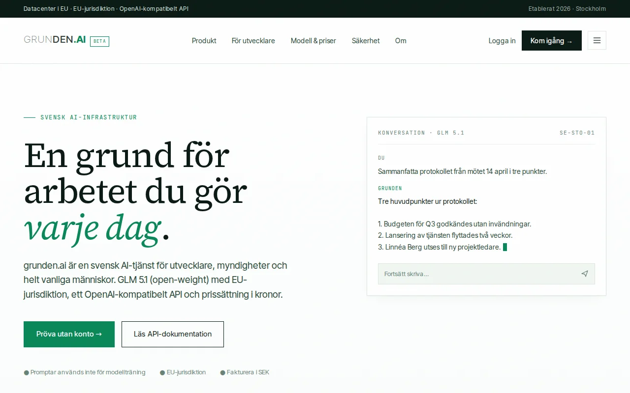 Grunden – Frontier AI inference hosted in Sweden, OpenAI-compatible