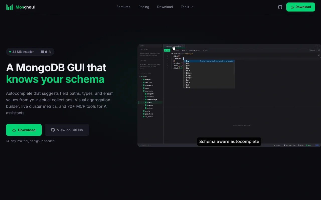 Monghoul – Desktop MongoDB GUI with schema-aware autocomplete and MCP