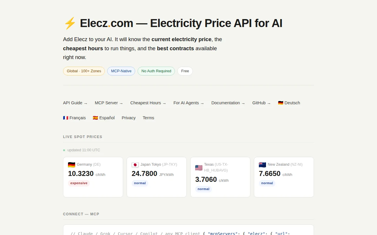 Elecz – MCP server for real-time electricity prices in 40 countries