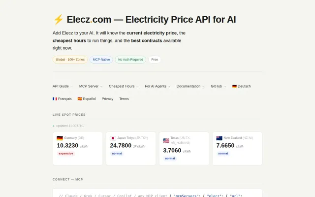 Elecz – MCP server for real-time electricity prices in 40 countries