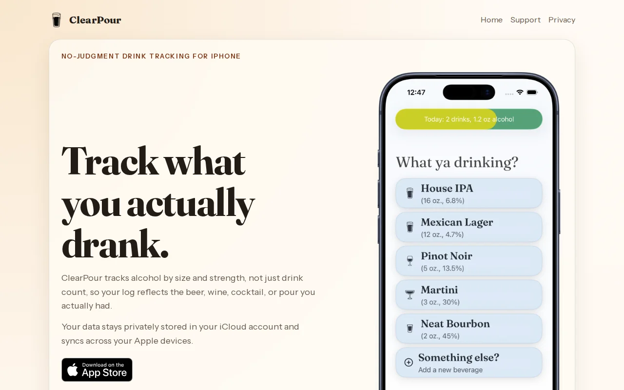 ClearPour – an iPhone drink tracker based on ABV and drink size