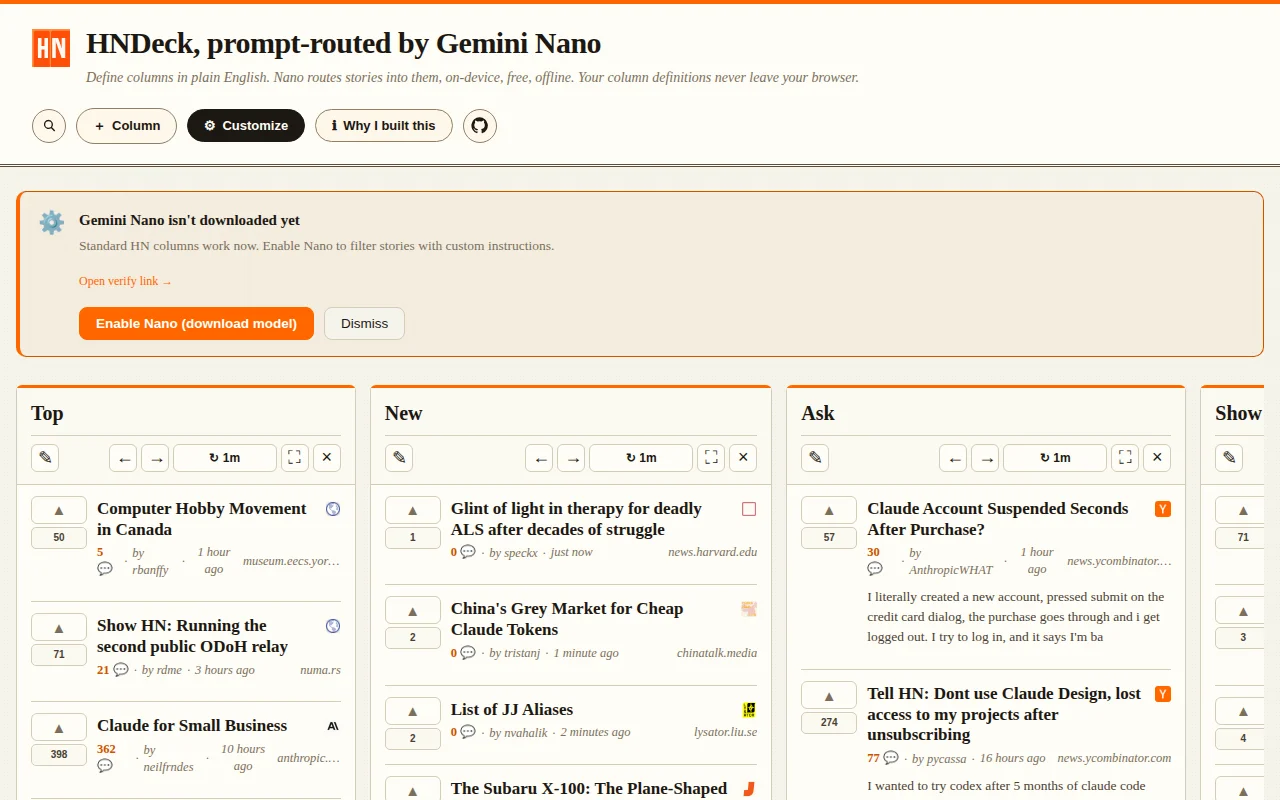 TweetDeck-style HN reader, built to experiment with Chrome's Prompt API