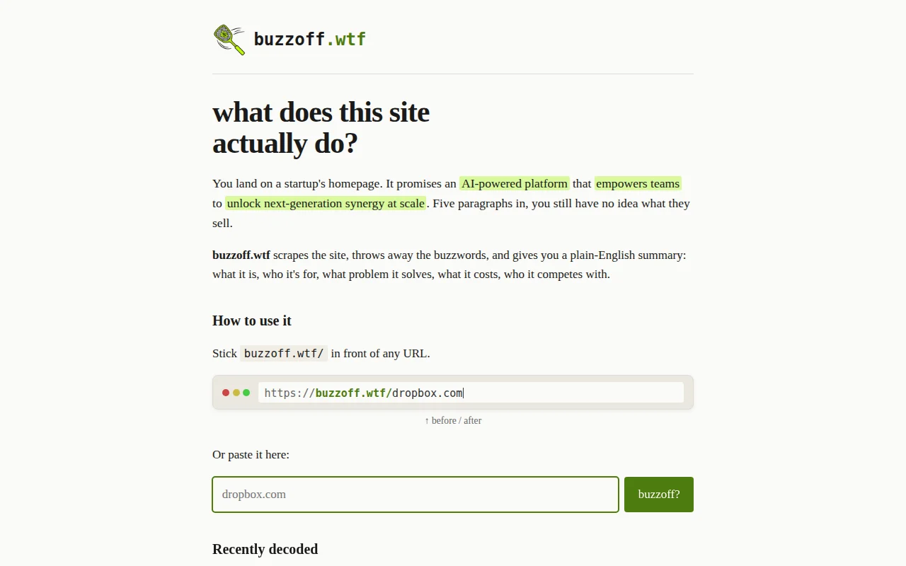 BuzzOff.wtf – get no-buzzword descriptions of landing pages