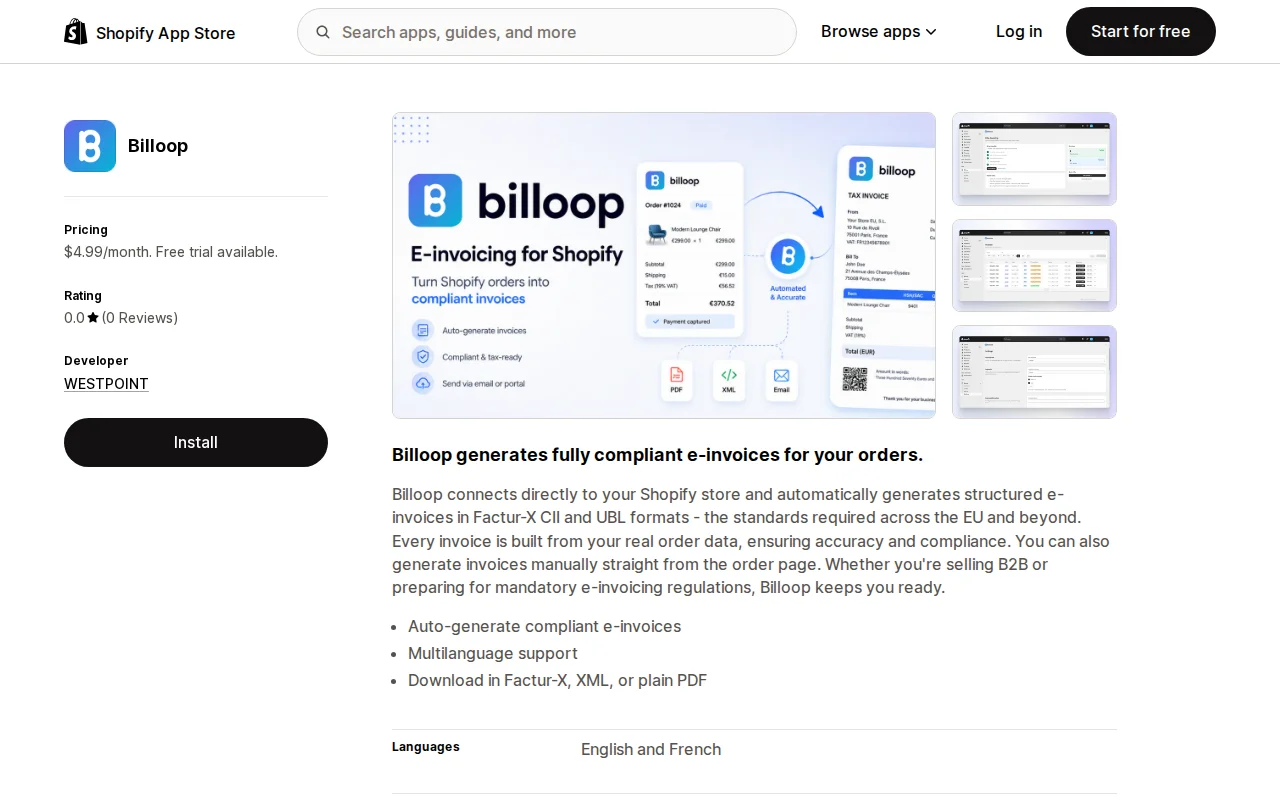 Billoop – generate Factur-X and UBL e-invoices from Shopify orders