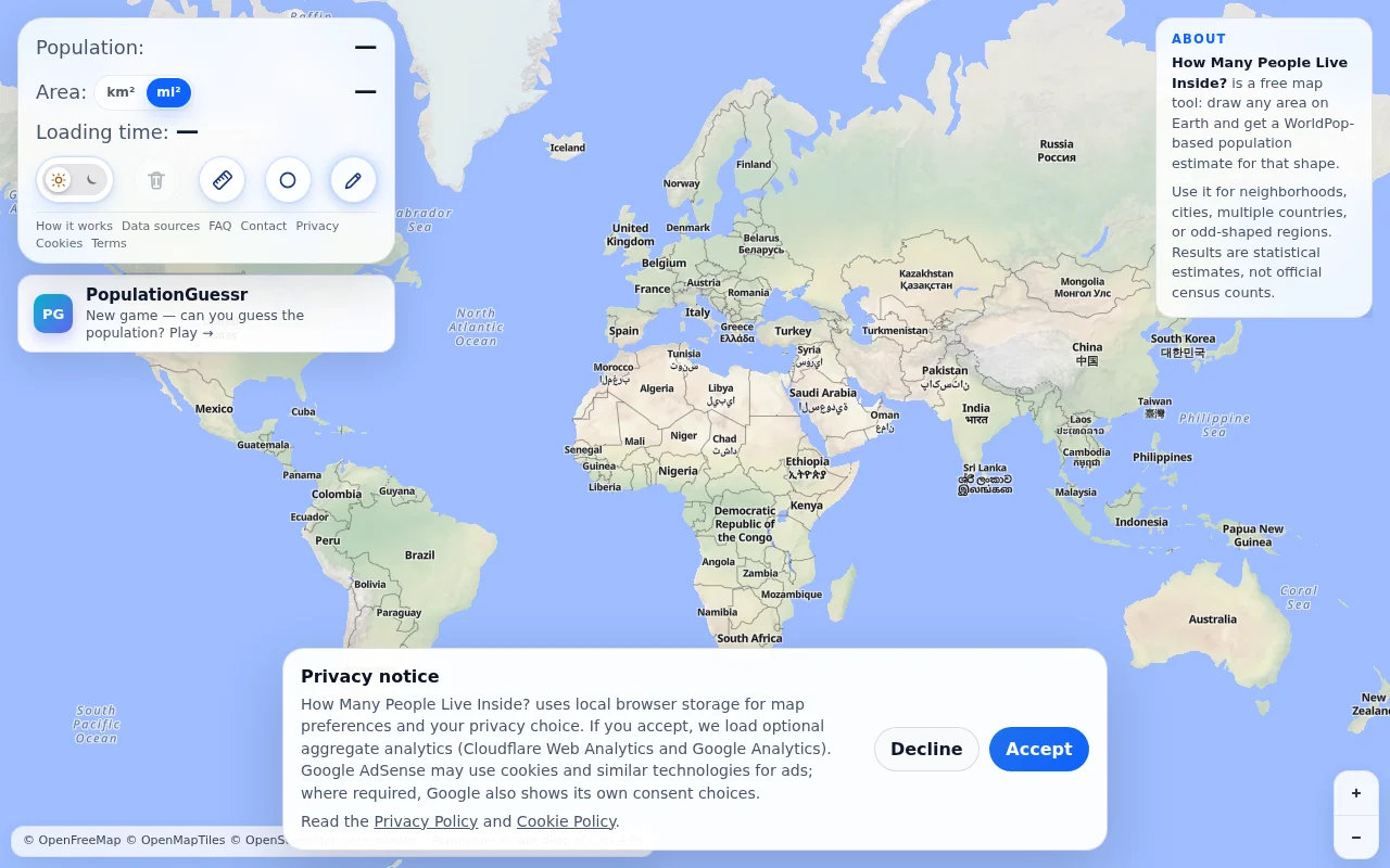 Draw anywhere on Earth and estimate the population inside it