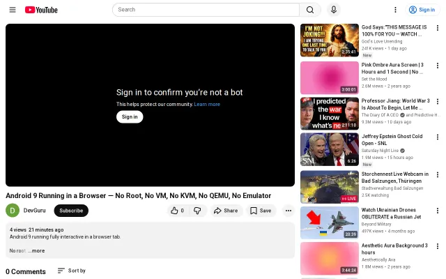 Android 9 interactive in a browser – no root, no VM, no KVM, no QEMU