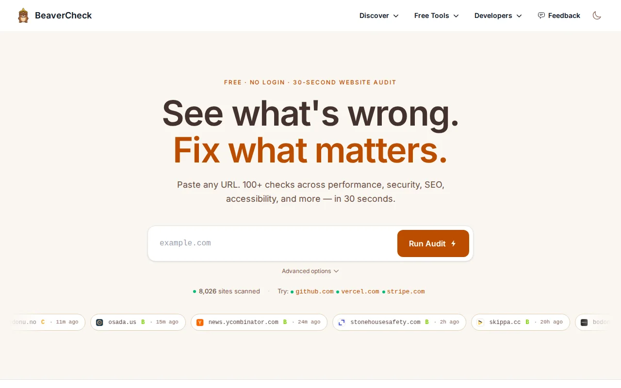 BeaverCheck – Multi-region website audit with shareable result URLs