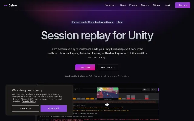 Jahro – session replay for Unity, synchronized to logs on a timeline