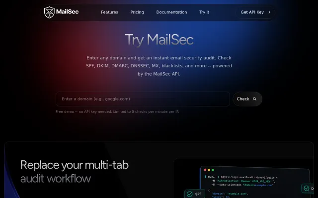 MailSec – Free email security audit API (one curl, eight checks)