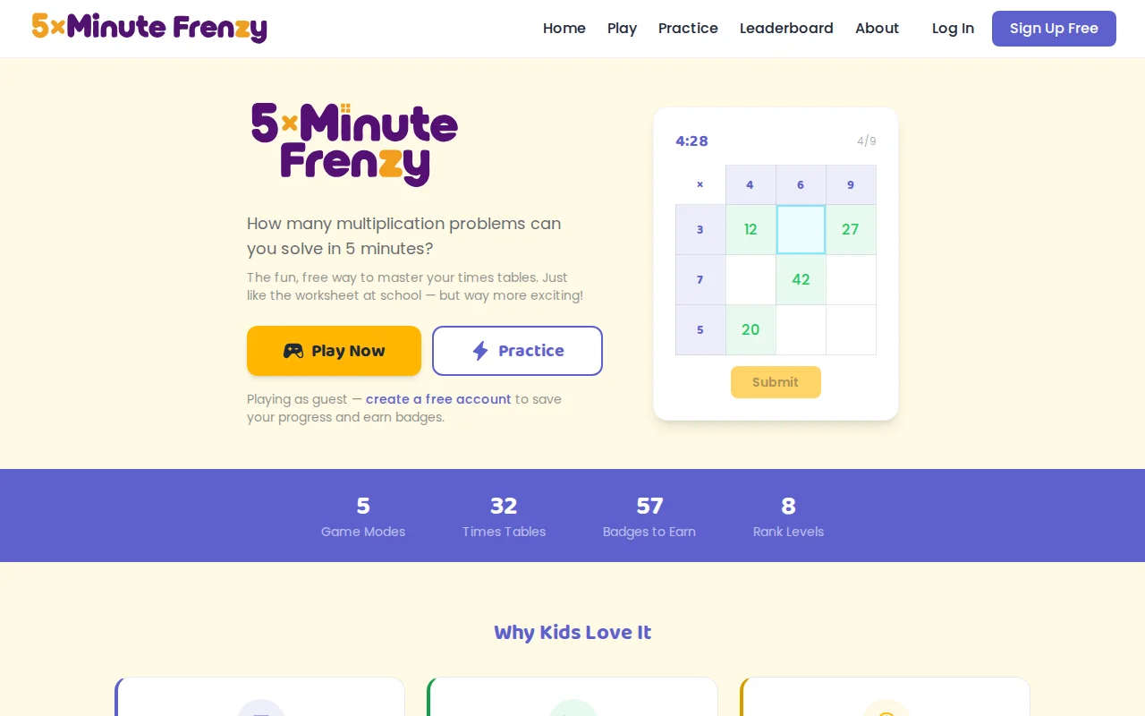5 Minute Frenzy – free multiplication practice game for kids