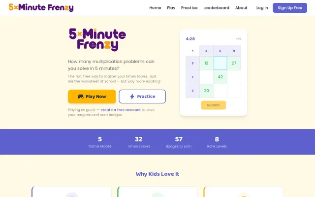 5 Minute Frenzy – free multiplication practice game for kids