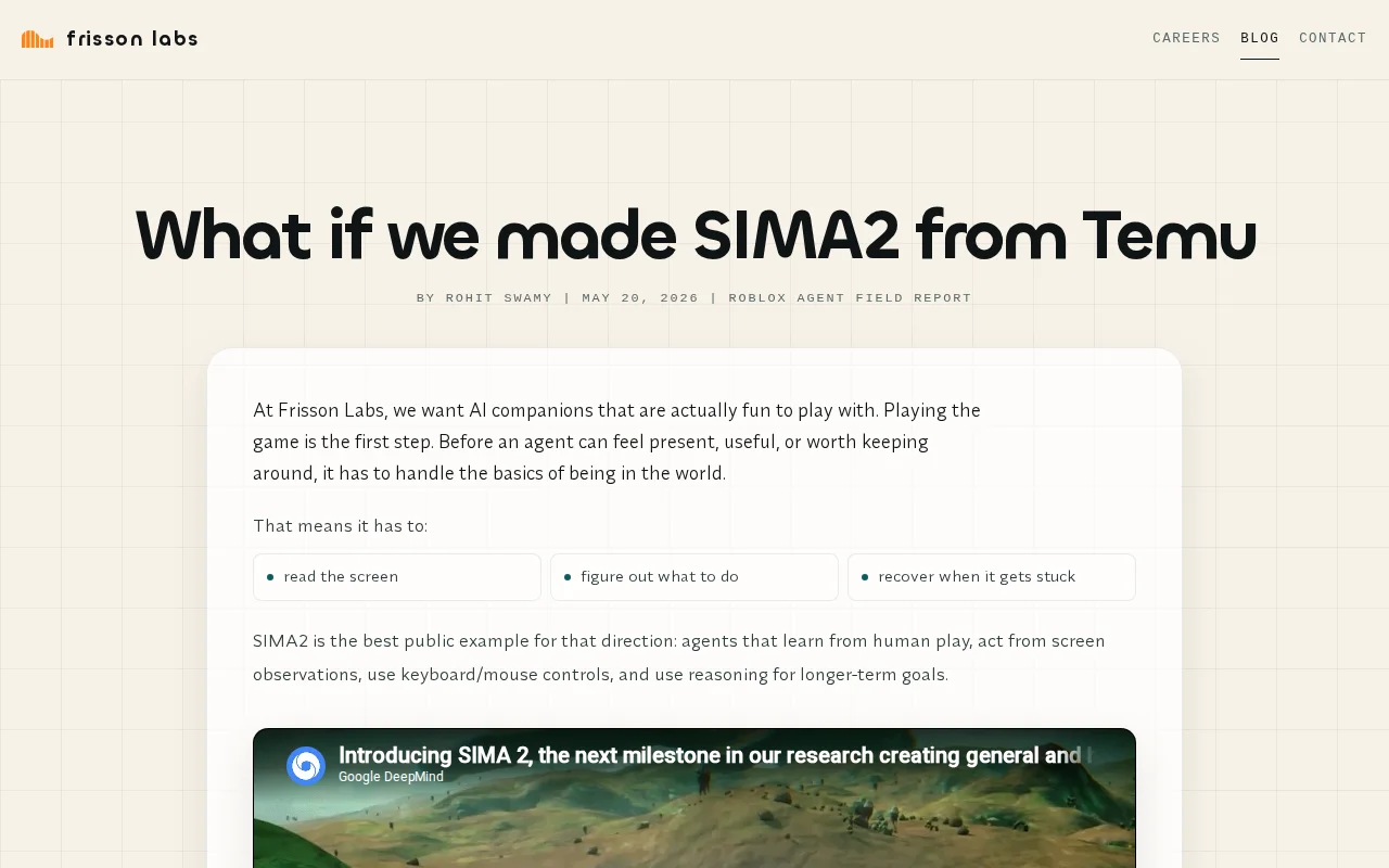 Lessons from building a SIMA2 style agent in Roblox