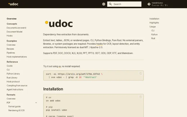 udoc. Dependency-free document extraction in Rust
