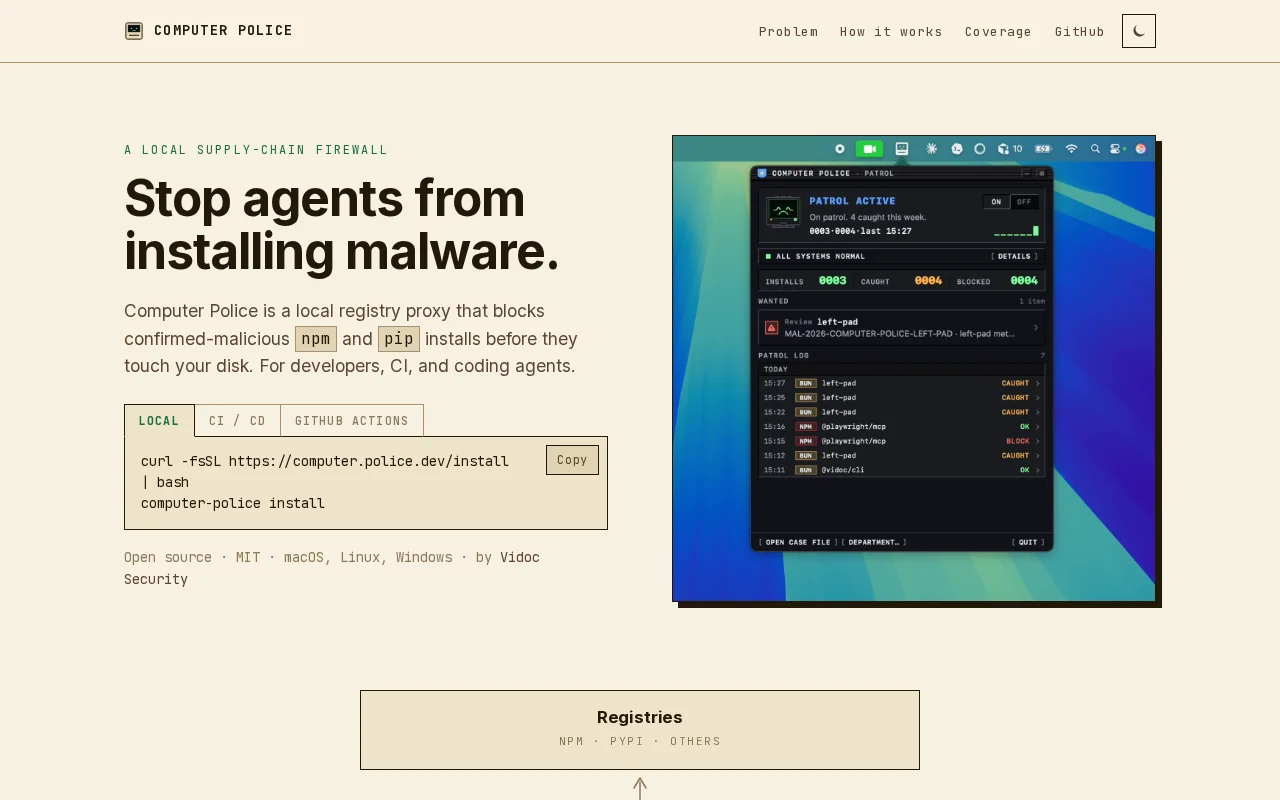 Computer Police – block malicious NPM/pip installs locally