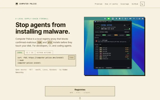 Computer Police – block malicious NPM/pip installs locally
