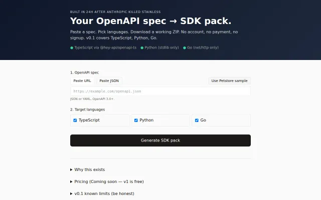 Stainless replacement – paste OpenAPI, get TS/Python/Go SDK ZIP in 1.5s