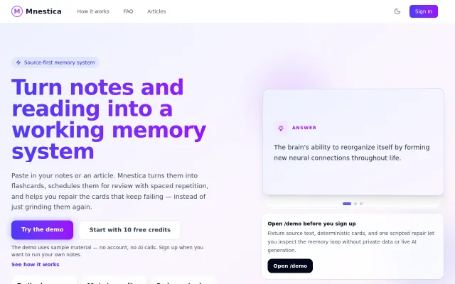 Mnestica – a memory system for notes, reading, and cards