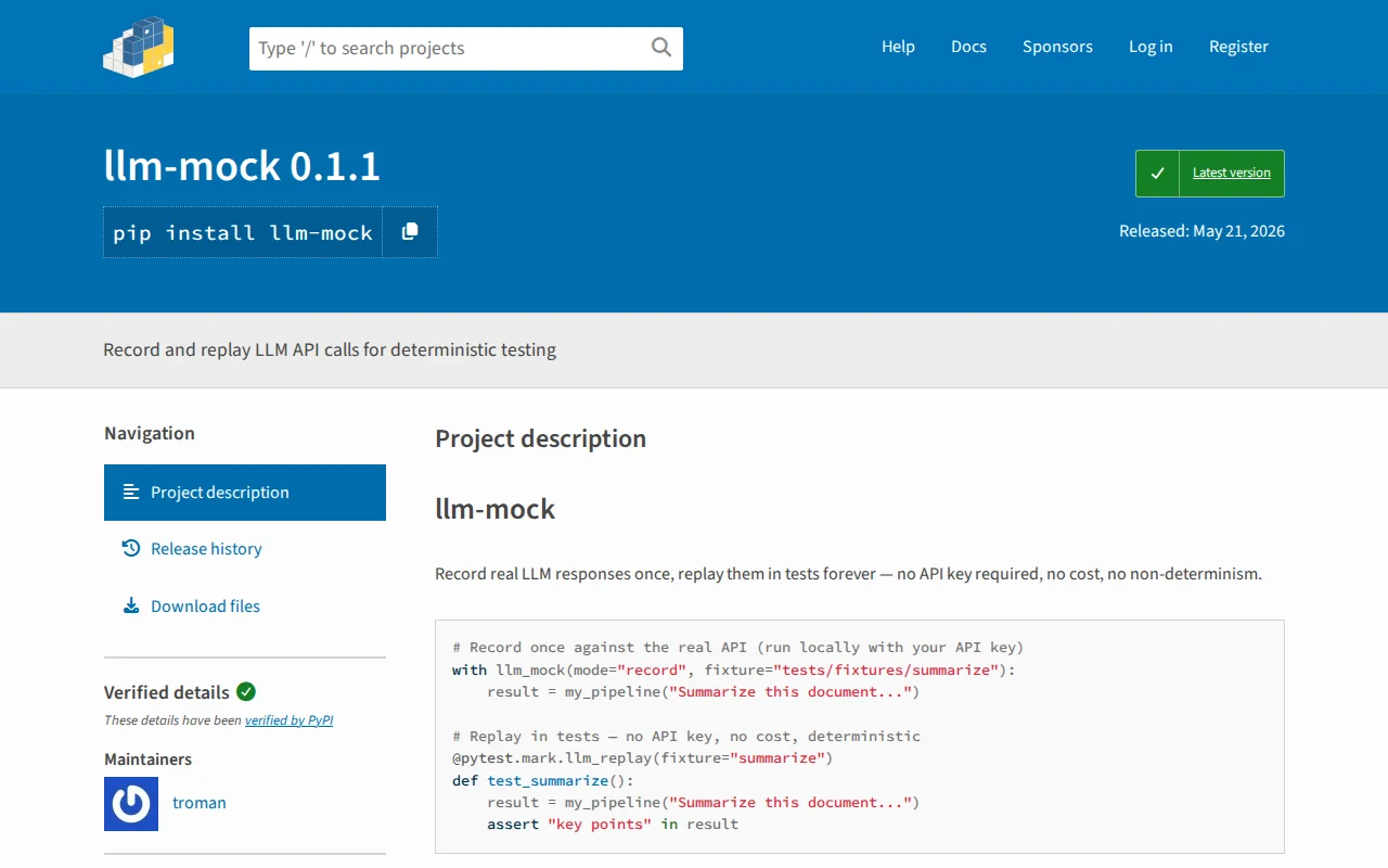LLM-mock – Record real LLM API responses once, replay them in tests