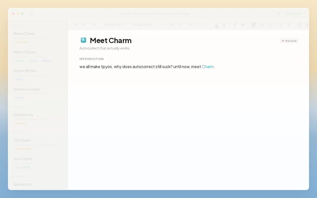 Charm – on-device spelling, grammar, and prediction for macOS