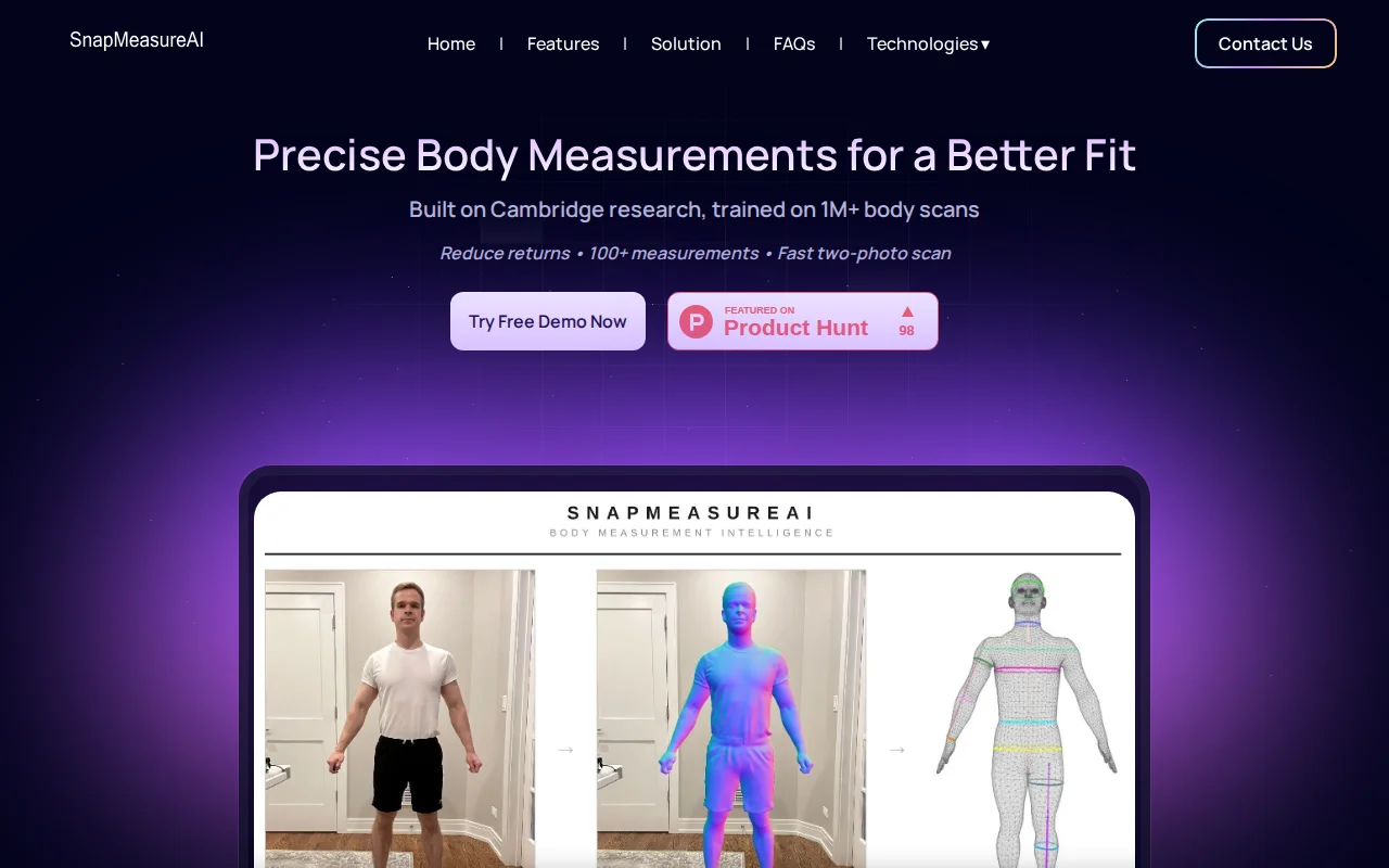 SnapMeasureAI – Accurate 3D body measurements from photos, no hardware