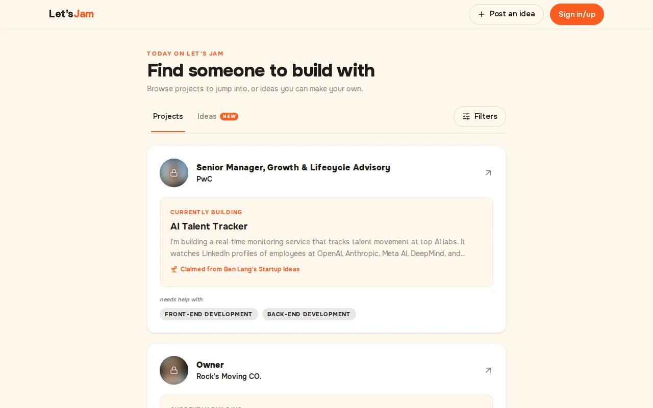 A platform to find people to jam on side projects with