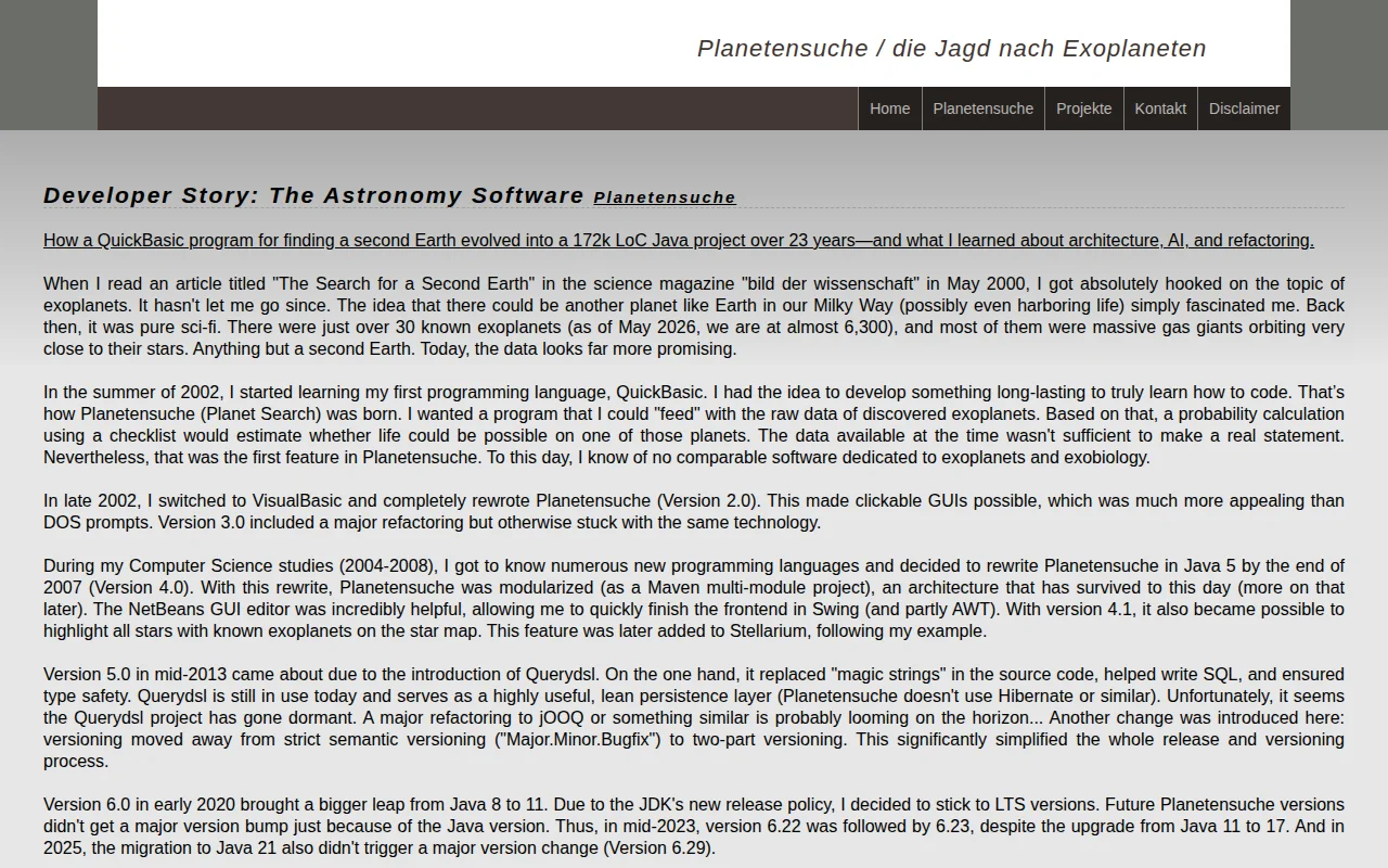 How a Java program for finding a second Earth evolved over 23 years