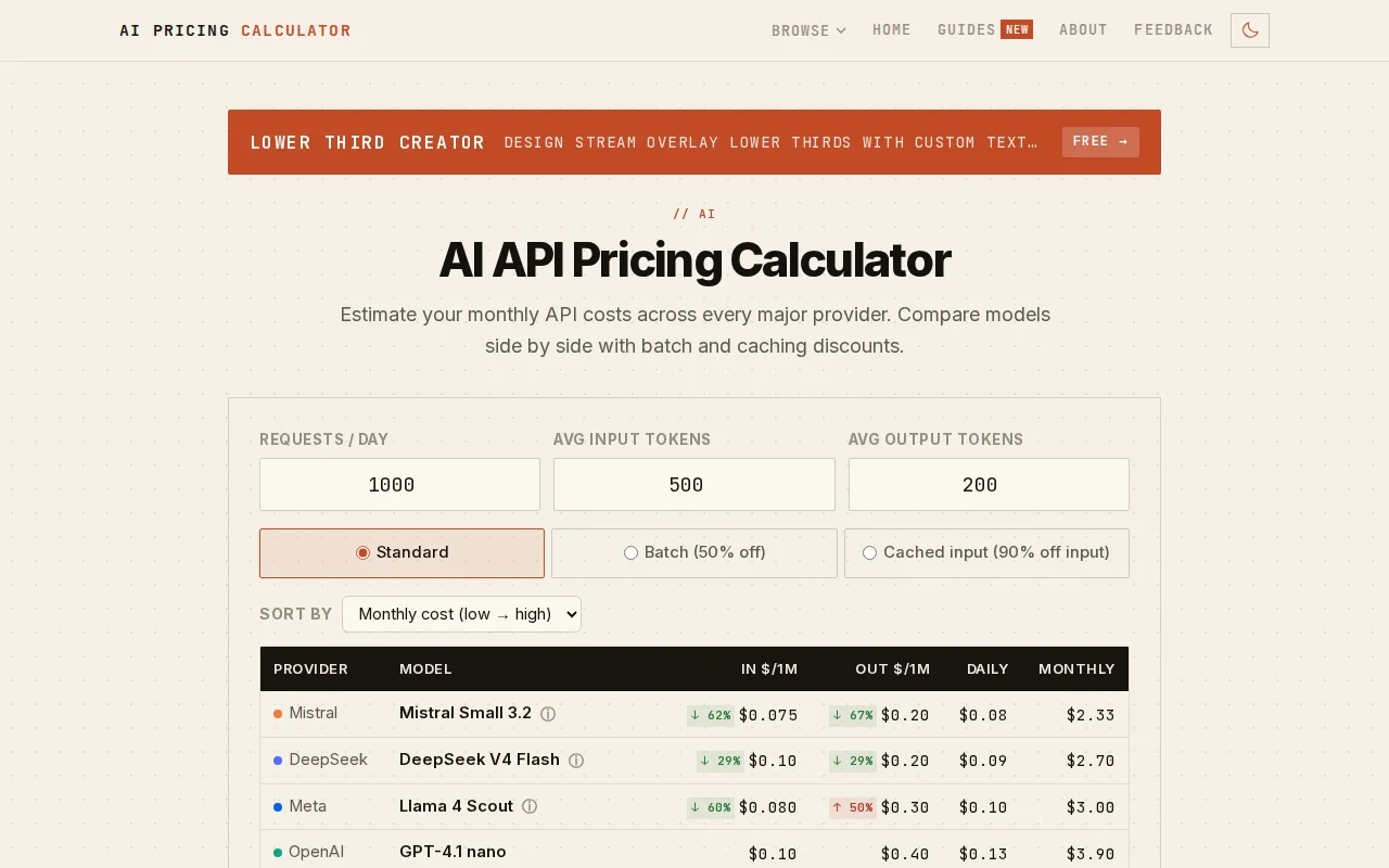 API cost calculator – compare 28 models across 7 providers, no signup