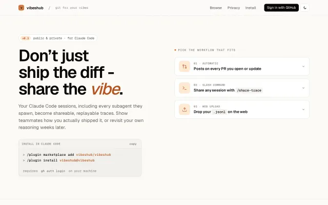 Vibeshub – Git for your vibe code transcripts