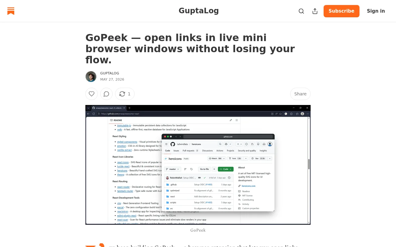 GoPeek – open links in live mini browser windows without new tabs