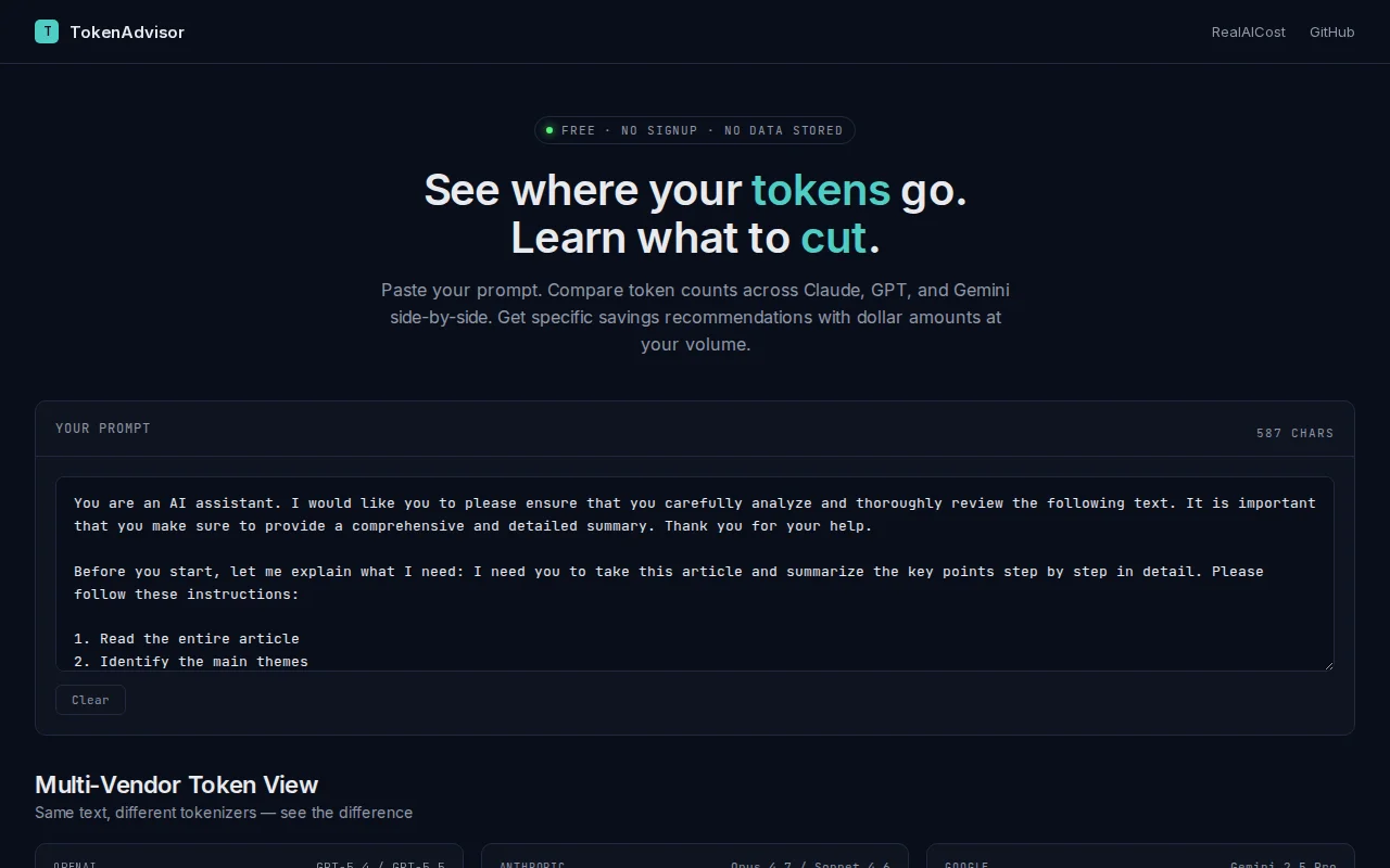 TokenAdvisor – paste a prompt, see what to cut to lower your LLM bill