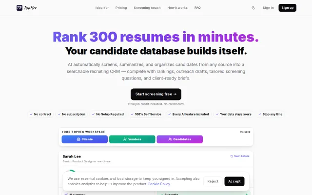 TopRec – AI screening and CRM for recruiters and hiring teams