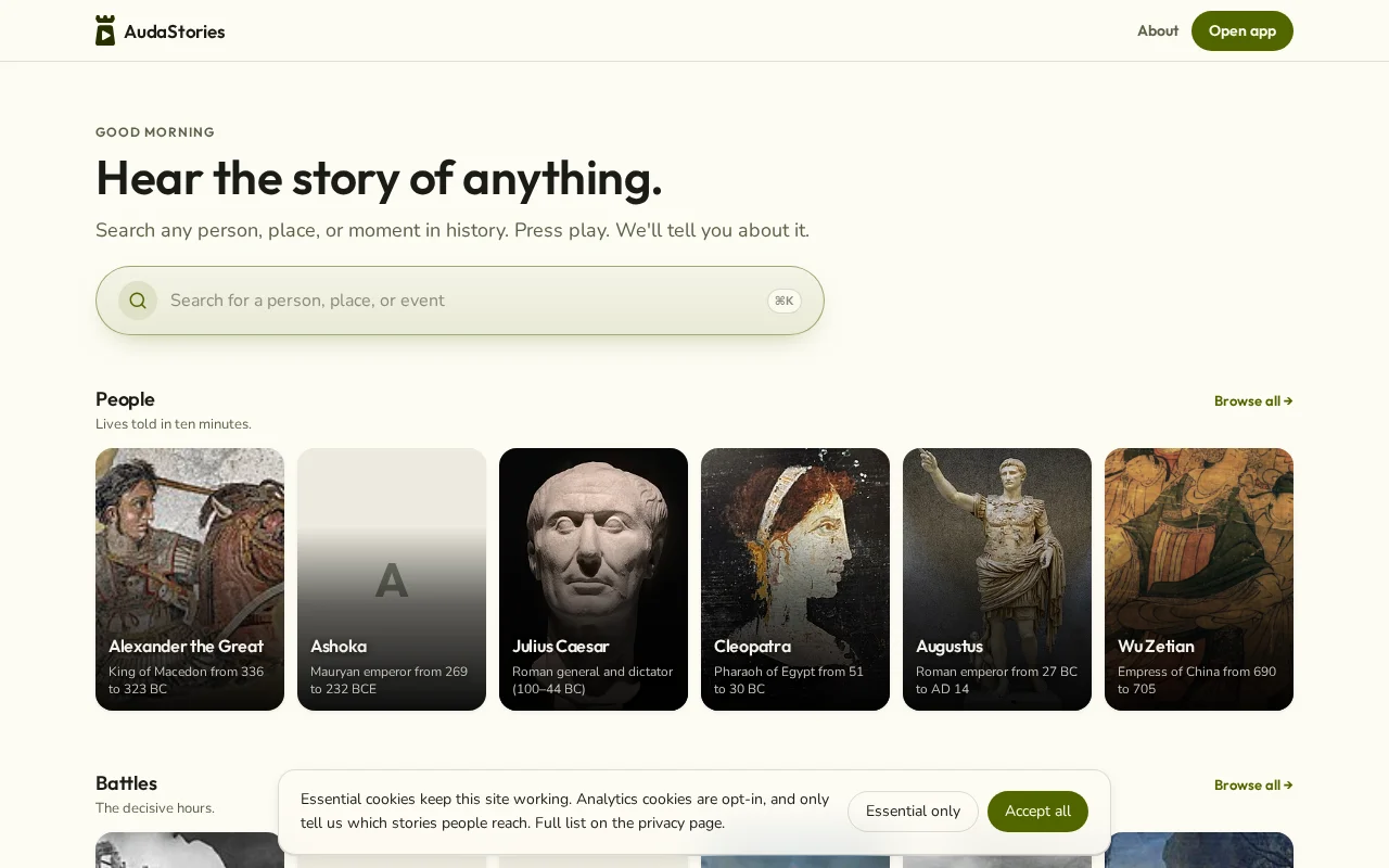Audio stories on any person, place or event – on demand