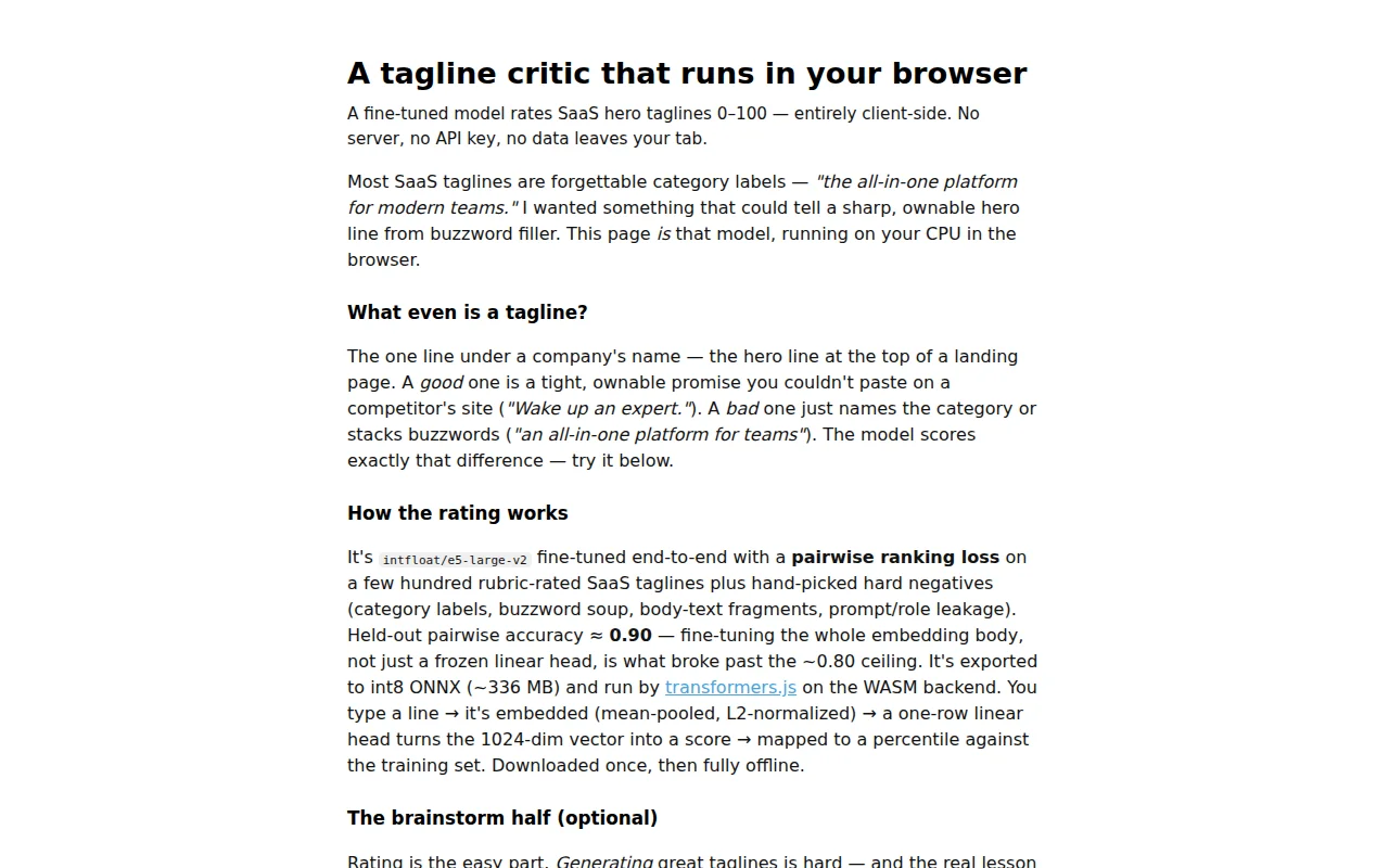 A SaaS tagline critic that runs in the browser