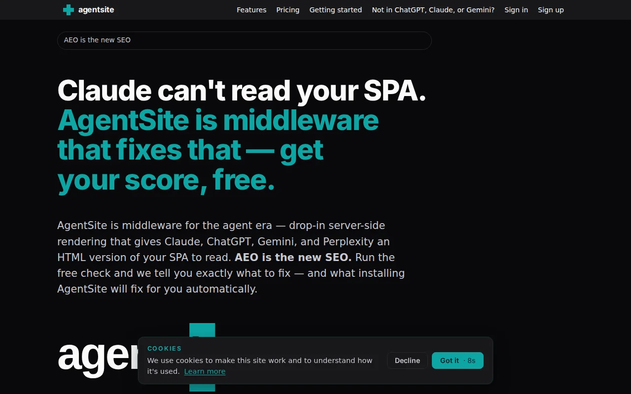 AgentSite – Same bytes to every visitor; Markdown twin at <body> top