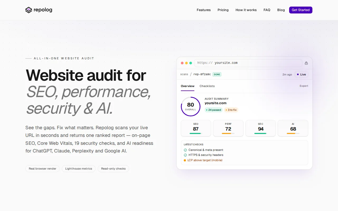 Repolog, website audit for SEO, performance, security, and AI readiness