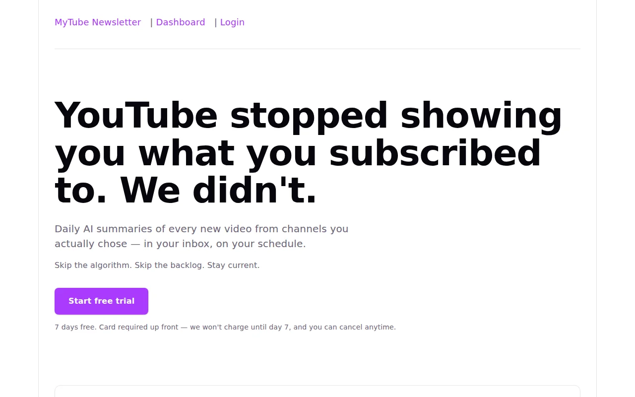 My tiny project MyTube Newsletter – daily AI digest of YouTube subs