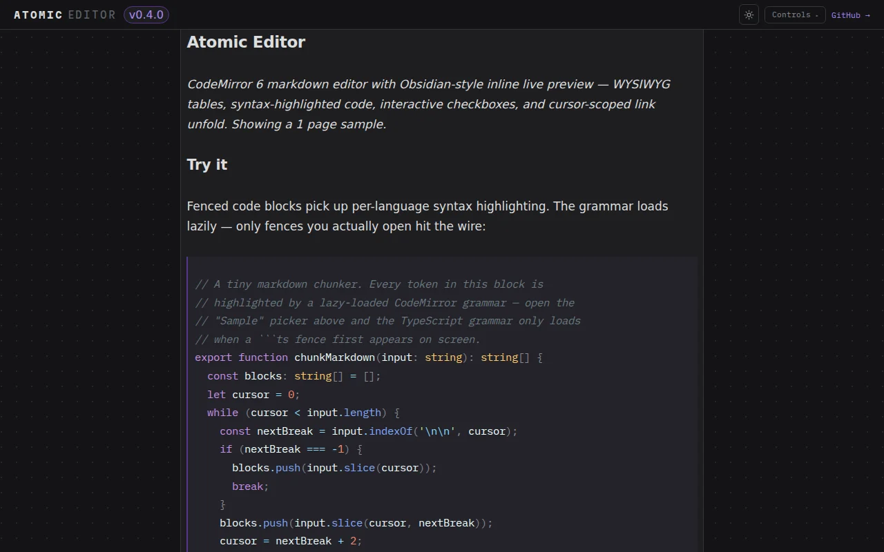 Atomic Editor – Obsidian-style live preview for CodeMirror 6
