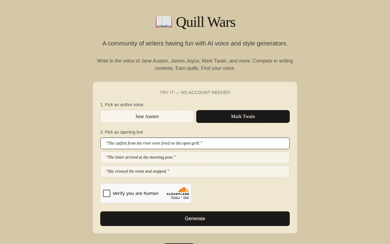 Quill Wars – write alongside Austen or Twain, then get scored on it