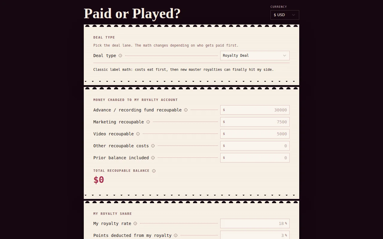 Paid or Played? – a simple recoupment calculator for music artists
