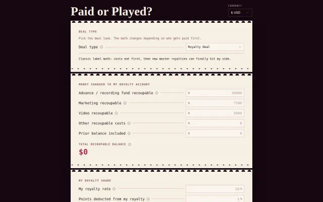 Paid or Played? – a simple recoupment calculator for music artists
