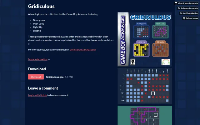 Gridiculous, my homebrew Game Boy Advance logic puzzle collection
