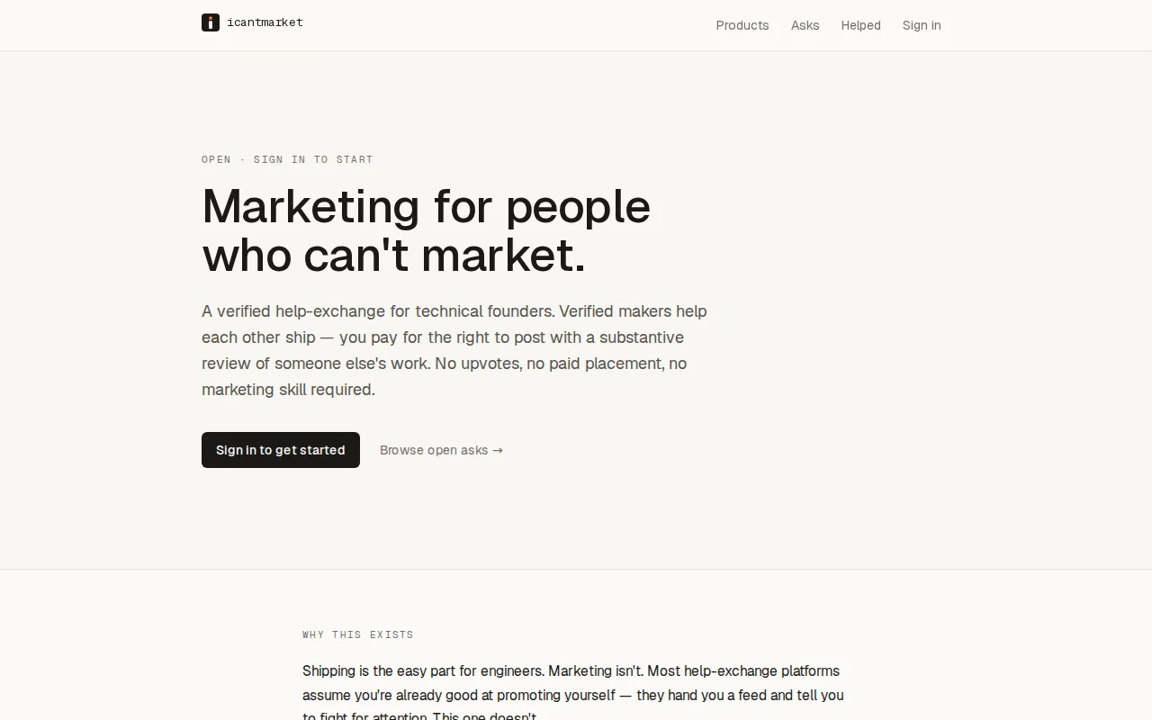 icantmarket – A verified help exchange for devs who can't market