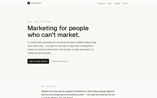 icantmarket – A verified help exchange for devs who can't market