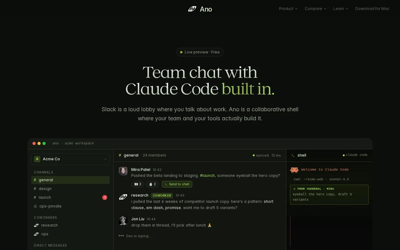 Ano – no-noise team chat with your code agent as your assistant